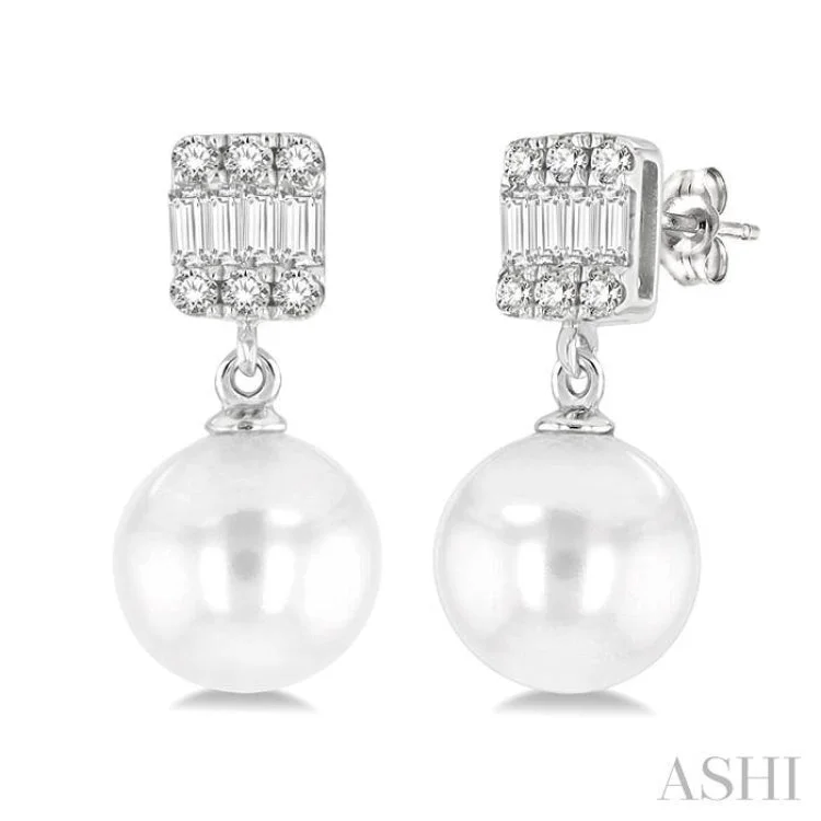 Women’s art deco earrings-1/10 ctw 6x6MM Cultured Pearls, Baguette and Round Cut Diamond Earring in 14K White Gold