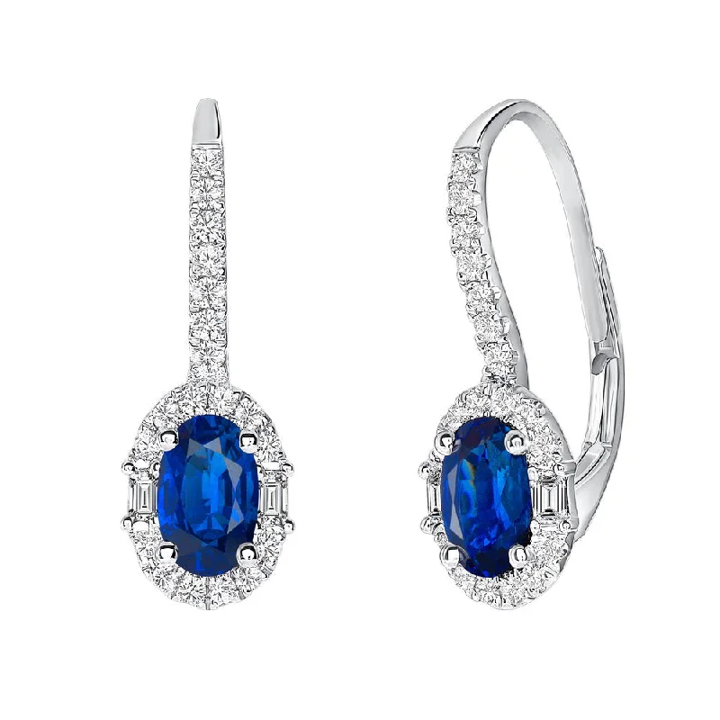 Women’s long drop earrings-Uneek Precious Collection Halo Oval Shaped Blue Sapphire Drop Earrings