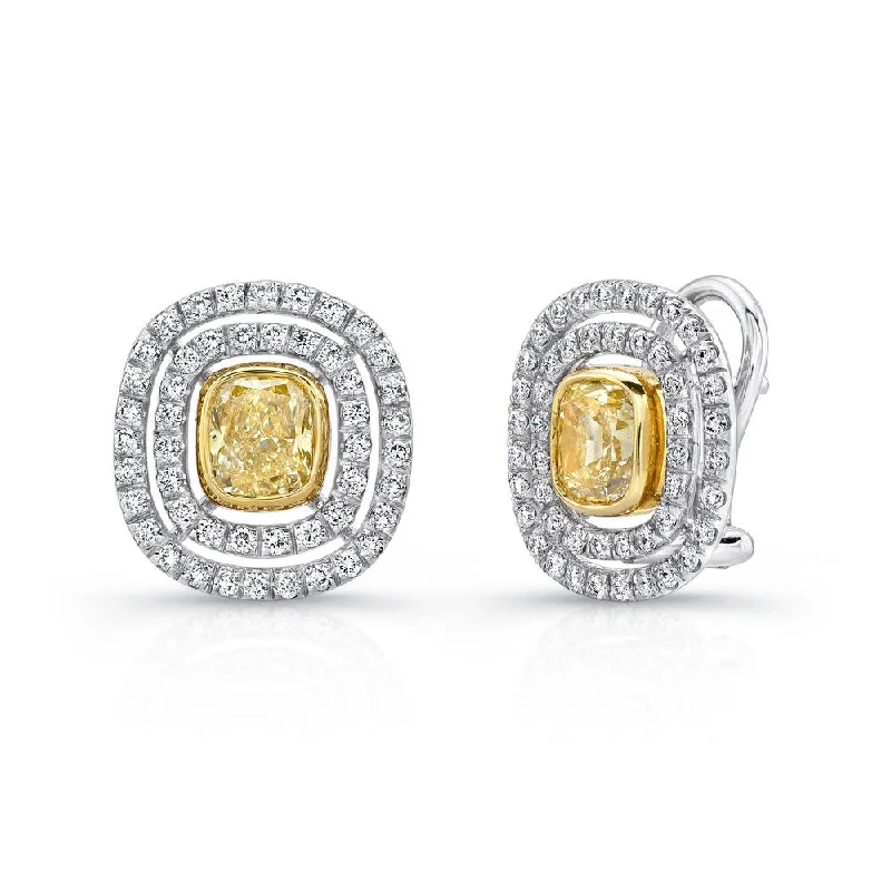 Women’s infinity earrings-Uneek Cushion Yellow Diamond Double Halo French-Back Earrings