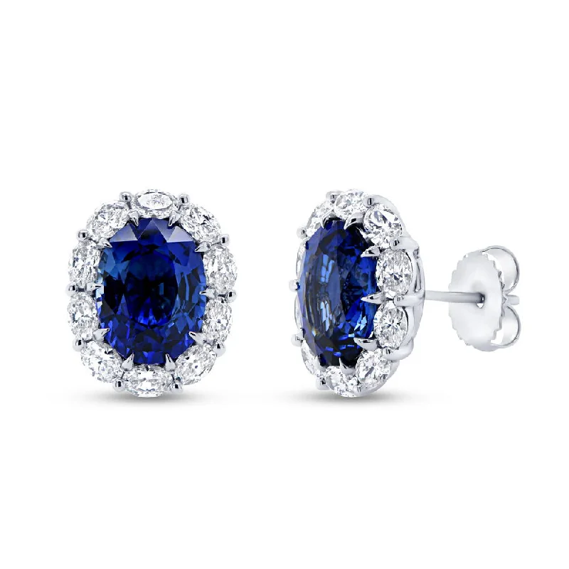 Women’s simple gold earrings-Uneek Precious Collection Halo Oval Shaped Blue Sapphire Stud Earrings