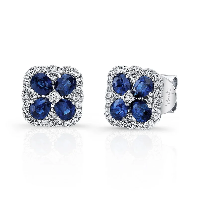 Women’s luxurious earrings-Uneek Precious Collection Floral Round Blue Sapphire Stud Earrings