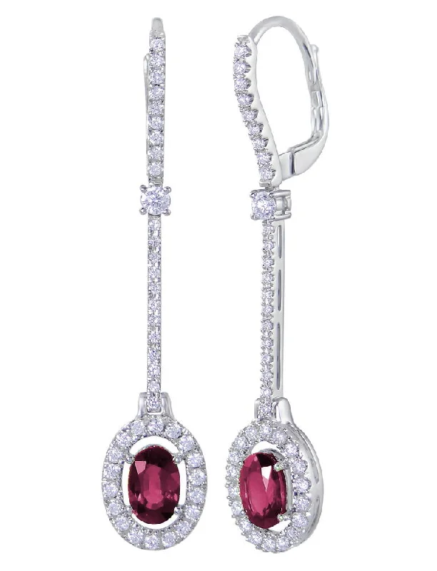 Women’s zodiac earrings-Uneek Oval Ruby Spoon Dangle Earrings with Pave Diamond Halos