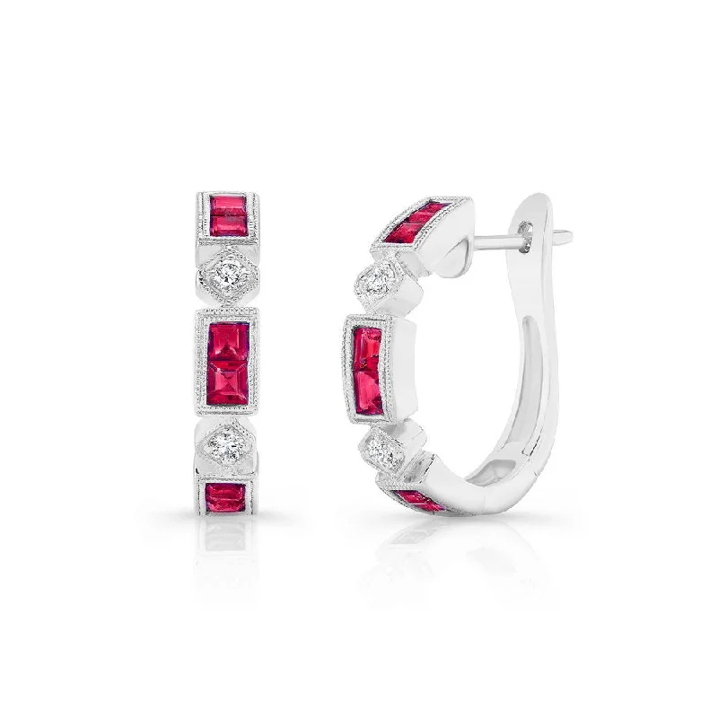 Women’s crystal earrings-Uneek Precious Collection Princess Cut Ruby Huggie Earrings