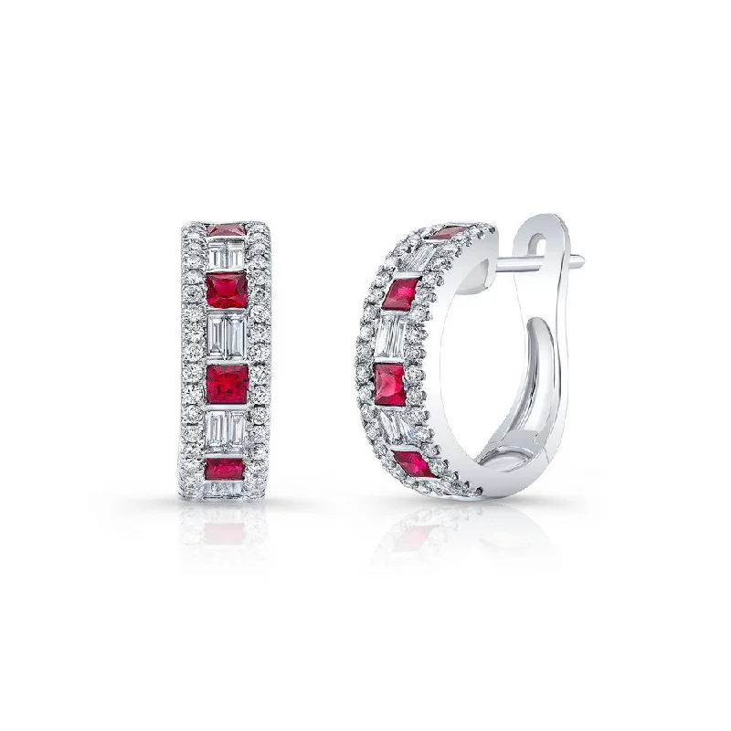 Women’s butterfly earrings-Uneek Precious Collection Princess Cut Ruby Huggie Earrings