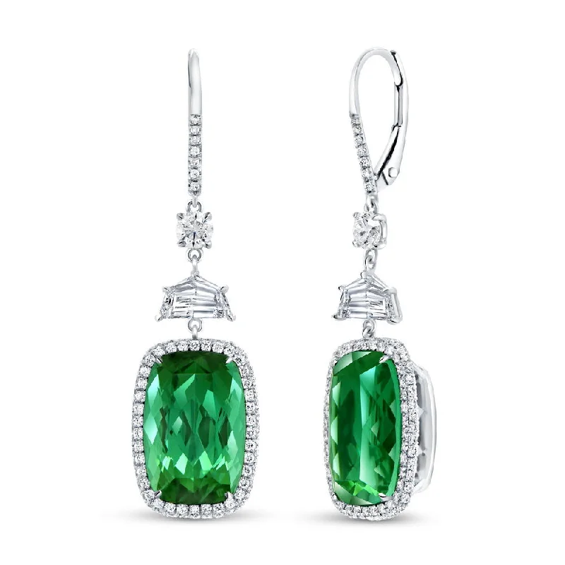 Women’s diamond earrings-Uneek Precious Collection Halo Emerald Cut Green Tourmaline Dangle Earrings