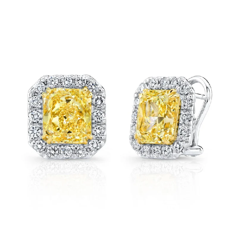 Women’s trendy gold earrings-Uneek Radiant-Cut Fancy Yellow Diamond Halo Earrings