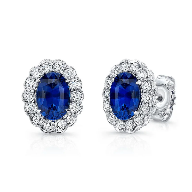 Women’s adjustable earrings-Uneek Oval Blue Sapphire Stud Earrings with Scallop-Style Diamond Halo with Milgrain Edging