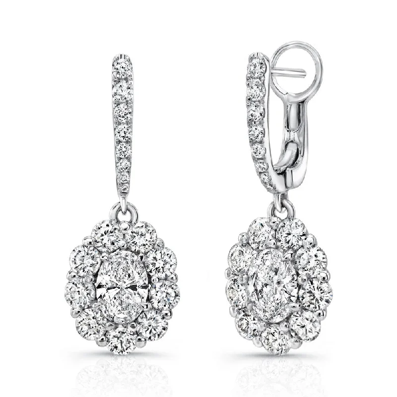 Women’s crystal hoop earrings-Uneek Oval Diamond Drop Earrings with Scallop-Illusion Diamond Halos