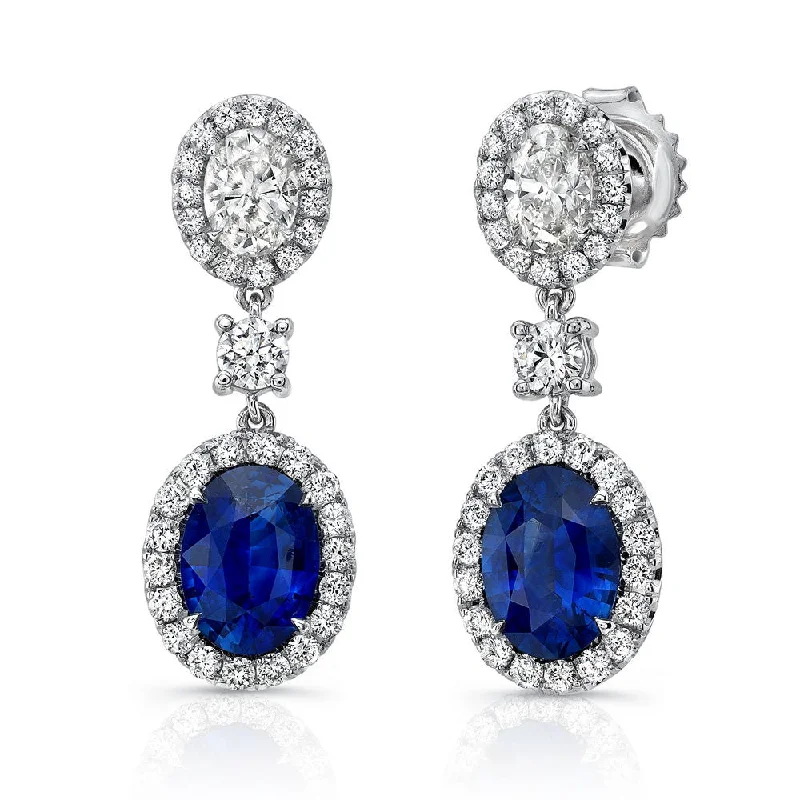 Women’s vintage gold earrings-Uneek Oval Blue Sapphire and Oval Diamond Dangle Earrings