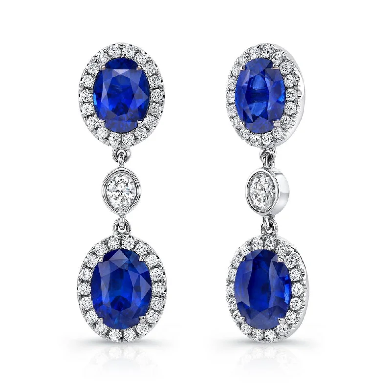 Women’s sterling silver earrings-Uneek Oval Blue Sapphire Earrings with Oval Diamond Accents