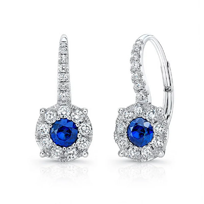 Women’s oversized earrings-Uneek Round Blue Sapphire Leverback Earrings with Diamond Halos