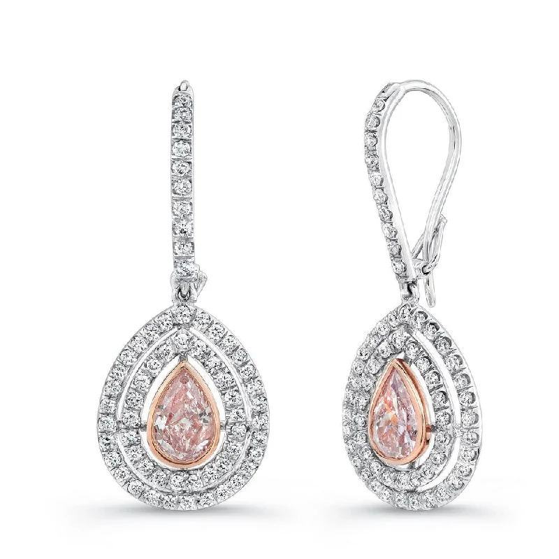 Women’s bridal earrings-Uneek Pear-Shaped Pink Diamond Double Halo Dangle Earrings