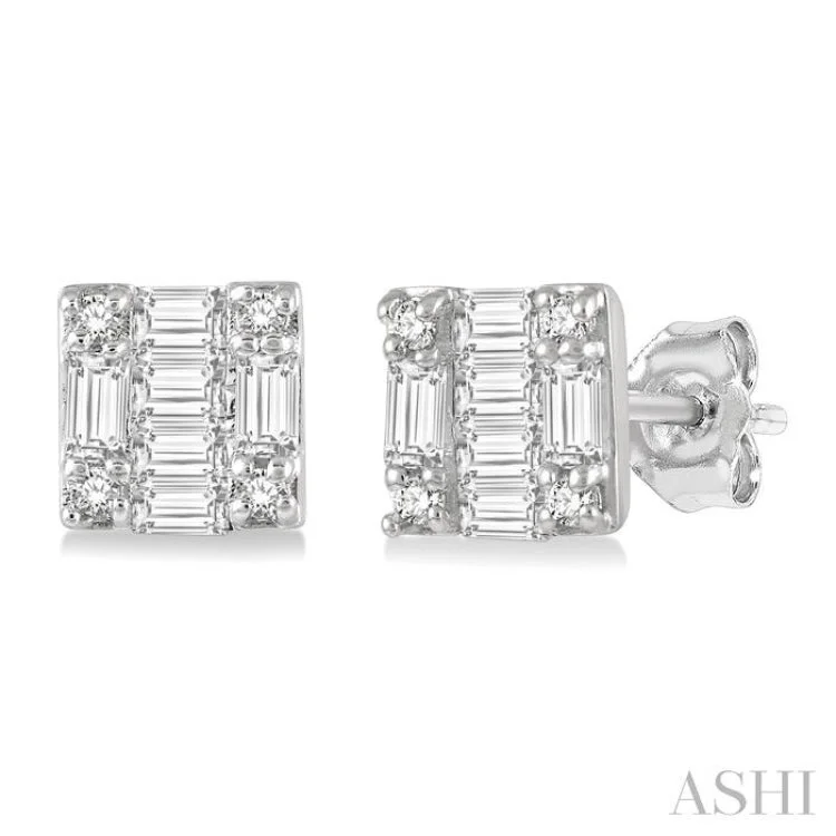 Women’s dangling earrings-1/6 Ctw Square Shape Baguette and Round Cut Diamond Petite Fashion Earring in 10K White Gold.