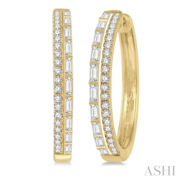 Women’s fashion earrings-1 Ctw Baguette and Round Cut Diamond Fashion Hoop Earring in 14K Yellow Gold