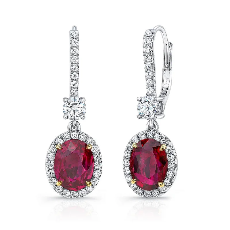 Women’s gold dangle earrings-Uneek Oval Ruby Dangle Earrings with Round Diamond Accents