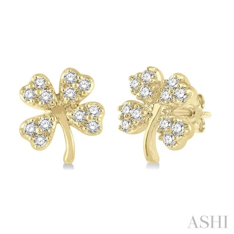 Women’s round earrings-1/10 Ctw Four-Leaf Clover Round Cut Diamond Petite Fashion Earring in 10K Yellow Gold