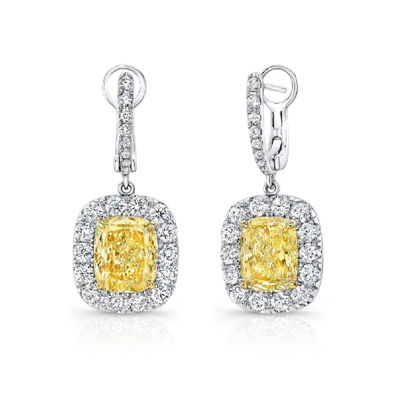 Women’s geometric earrings-Uneek Cushion-Cut Fancy Yellow Diamond Dangle Earrings