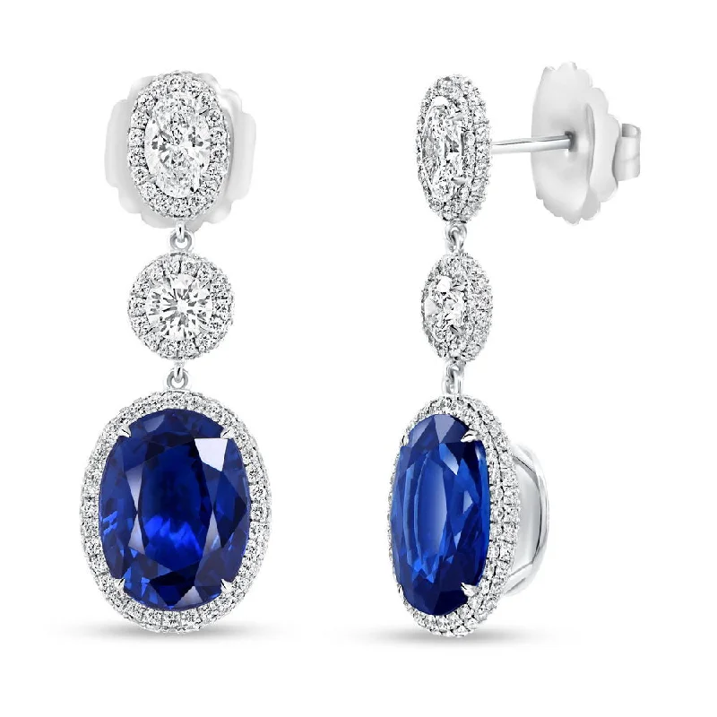 Women’s dangling earrings-Uneek Precious Collection Halo Oval Shaped Blue Sapphire Dangle Earrings