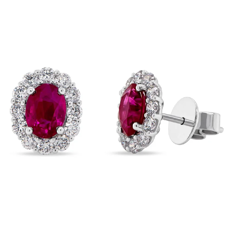 Women’s hoop and stud earrings-Uneek Precious Collection Halo Oval Shaped Ruby Stud Earrings