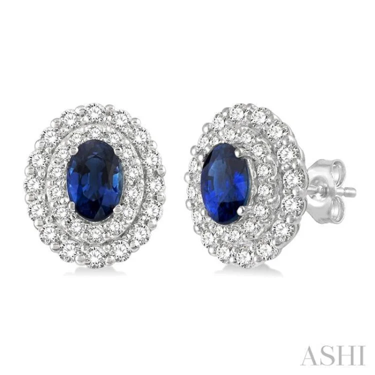 Women’s big hoop earrings-3/4 Ctw Oval Shape 6x4MM Sapphire and Round Cut Diamond Precious Earrings in 14K White Gold