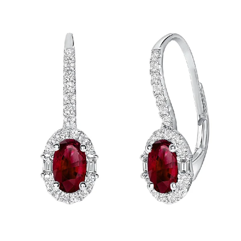 Women’s dangling earrings-Uneek Precious Collection Halo Oval Shaped Ruby Drop Earrings