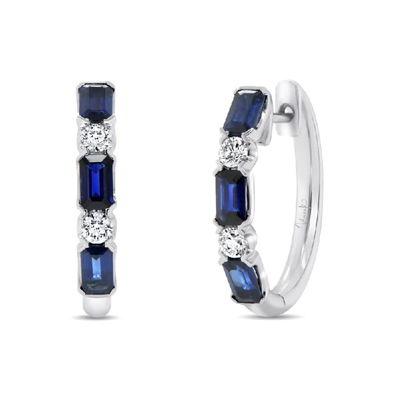 Women’s luxury gold earrings-Uneek Precious Collection Emerald Cut Blue Sapphire Huggie Earrings