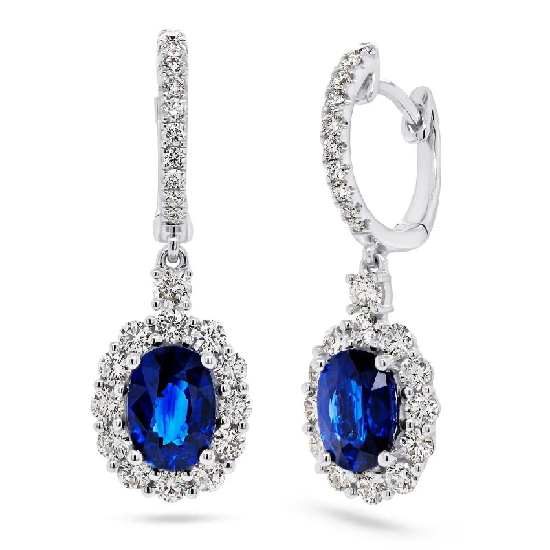 Women’s round earrings-Uneek Precious Collection Halo Oval Shaped Blue Sapphire Dangle Earrings