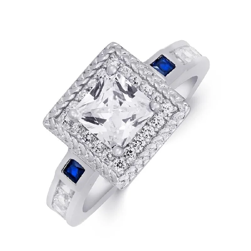 Women’s heart-shaped rings-Cubic Zirconia Princess Cut w/ Blue Sapphire Halo Bridal Ring Silver