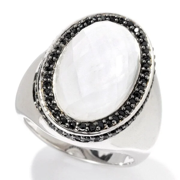 Women’s diamond anniversary rings-Sterling Silver 7ct TGW Oval White Quartz Cabochon and Black Spinel Ring