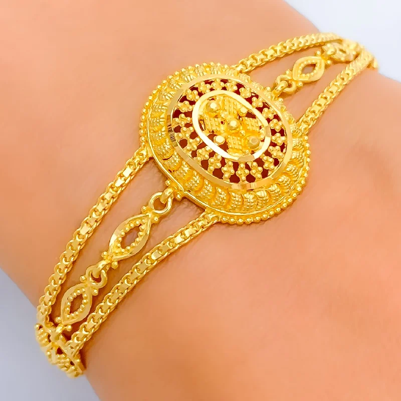 Women’s clasp bracelets-Ornate Beaded Oval 22k Gold Bracelet