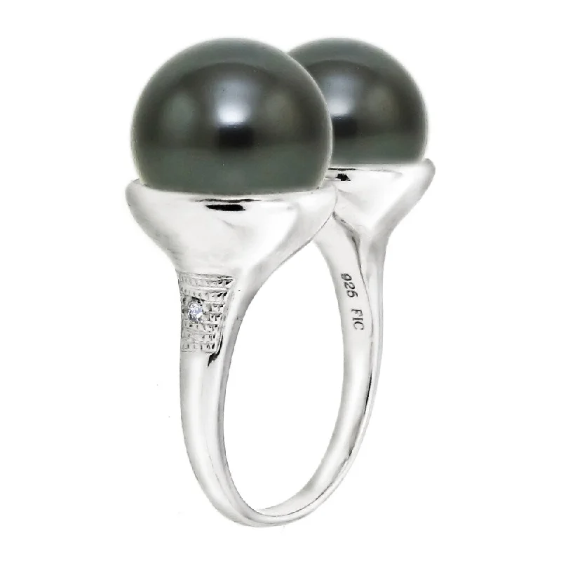 Women’s stackable wedding rings-DaVonna Sterling Silver 10-11mm Tahitian Pearl and Diamond Accent Ring - Black