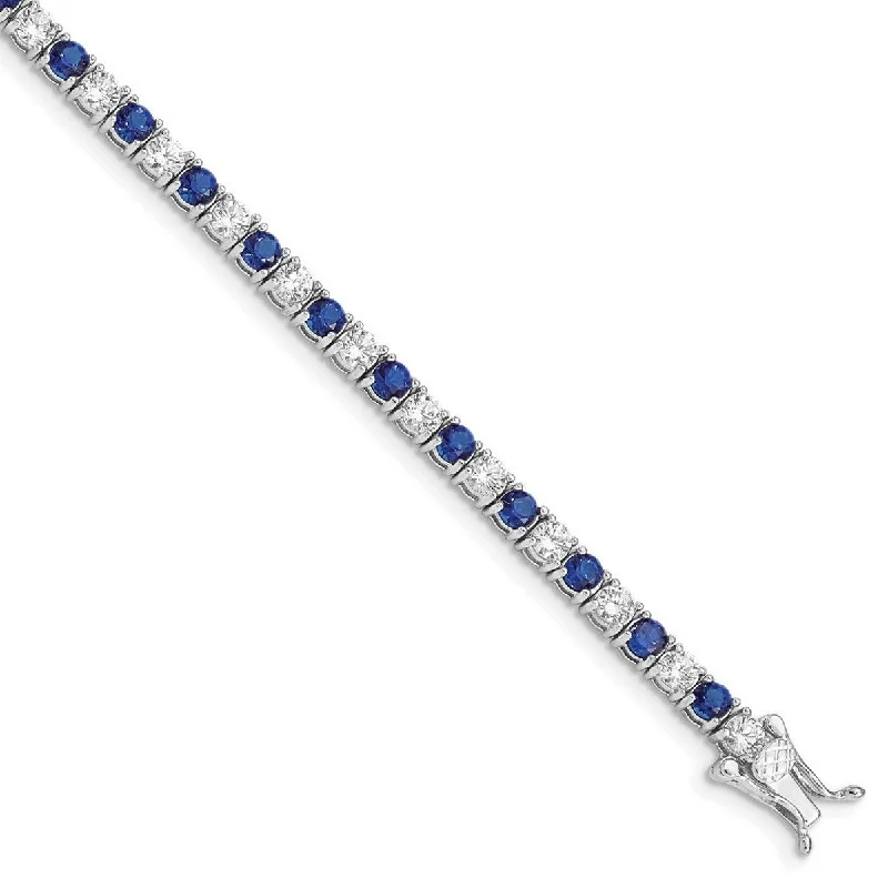 Women’s statement bracelets-Curata 925 Sterling Silver Polished Safety clasp Box Catch Closure Blue and White CZ Cubic Zirconia Simulated Diamond Bracelet 7