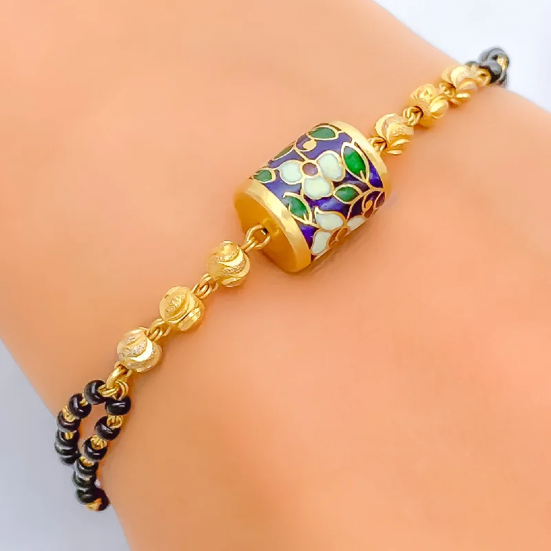 Women’s personalized bangle bracelets-Fancy Floral 22k Gold Black Bead Bracelet