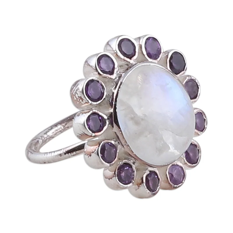 Women’s silver rings-Novica Handmade Harmonious Blossom Rainbow Moonstone And Amethyst Cocktail Ring