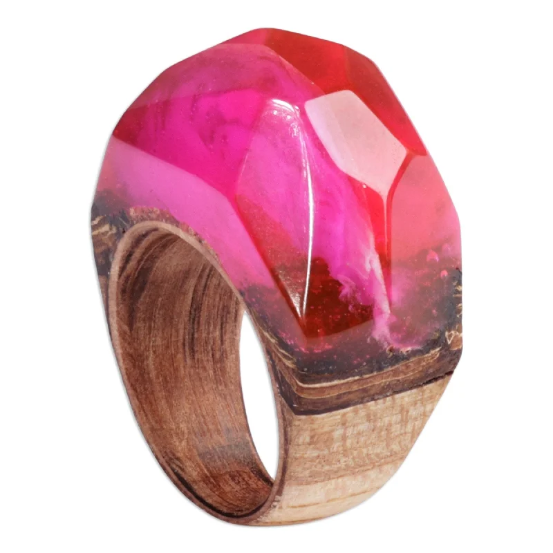 Women’s stackable wedding rings-Novica Handmade Pink Splendor Wood And Resin Domed Ring