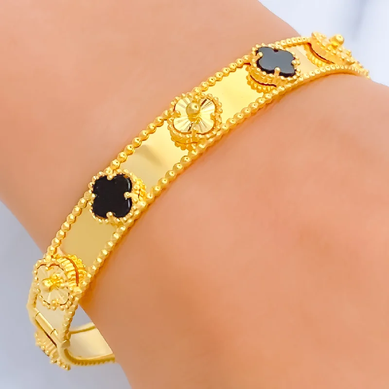 Women’s multi-layer bracelets-Stunning Shiny 21k Gold Clover Bangle Bracelet