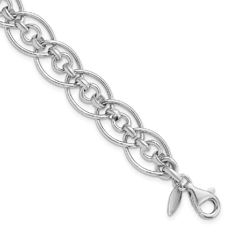 Women’s tennis charm bracelets-925 Sterling Silver Rhodium-plated Oval & Circle Link Bracelet, 7.75" (W-11.43mm)