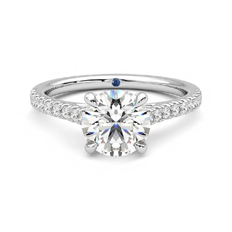 Women’s designer solitaire engagement rings-Round Moissanite Engagement Ring with Hidden Anniversary Stone and Pavé Accents