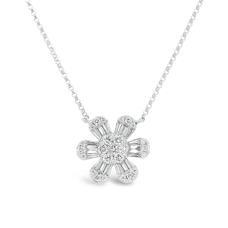 Women’s classic necklaces-Round & Baguette Diamond Flower Pendant Necklace