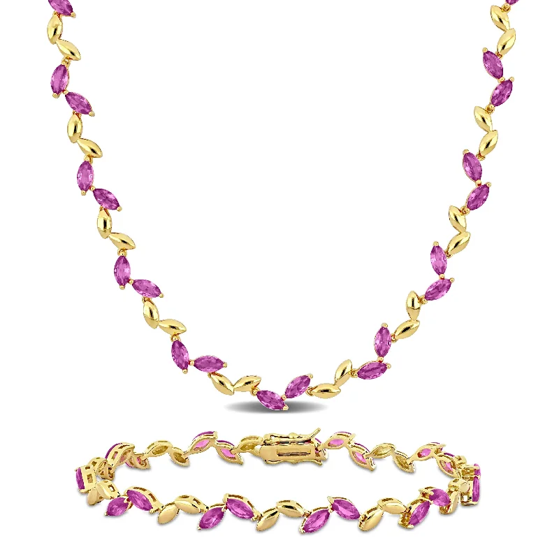 Women’s chic bangles-Miadora 29 7/8ct TGW Created Pink Sapphire Leaf Neckace and Bracelet Set Yellow Plated Silver