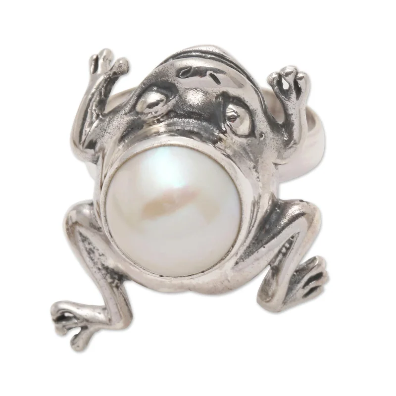 Women’s small rings-Novica Handmade Free-Spirited Frog Cultured Pearl Cocktail Ring