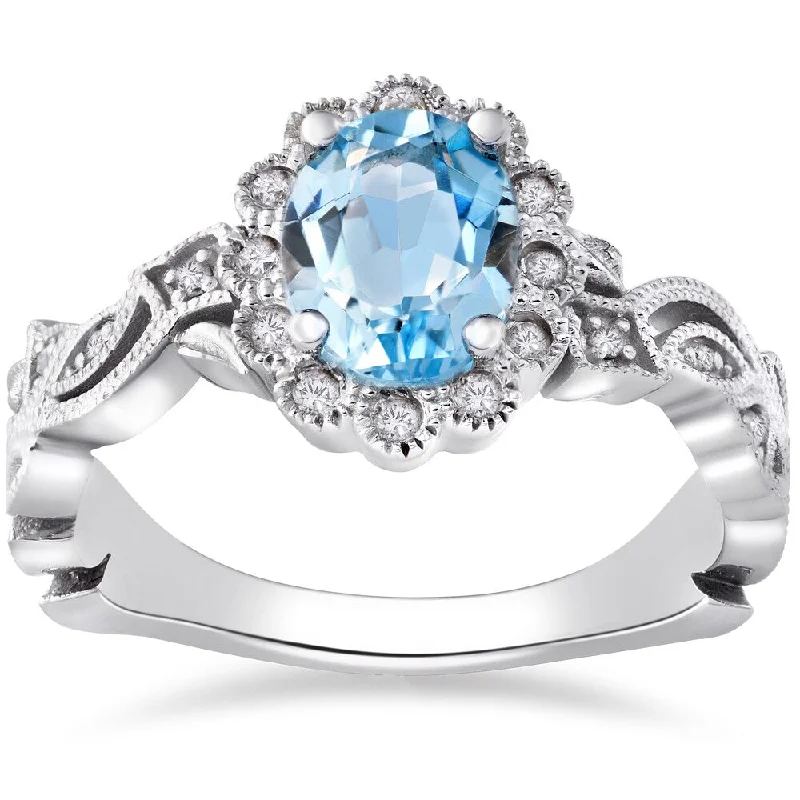 14k White Gold 1 ct Oval Blue Topaz & Diamond Vintage Halo Vine Petal Ring (I-J,I2-I3)