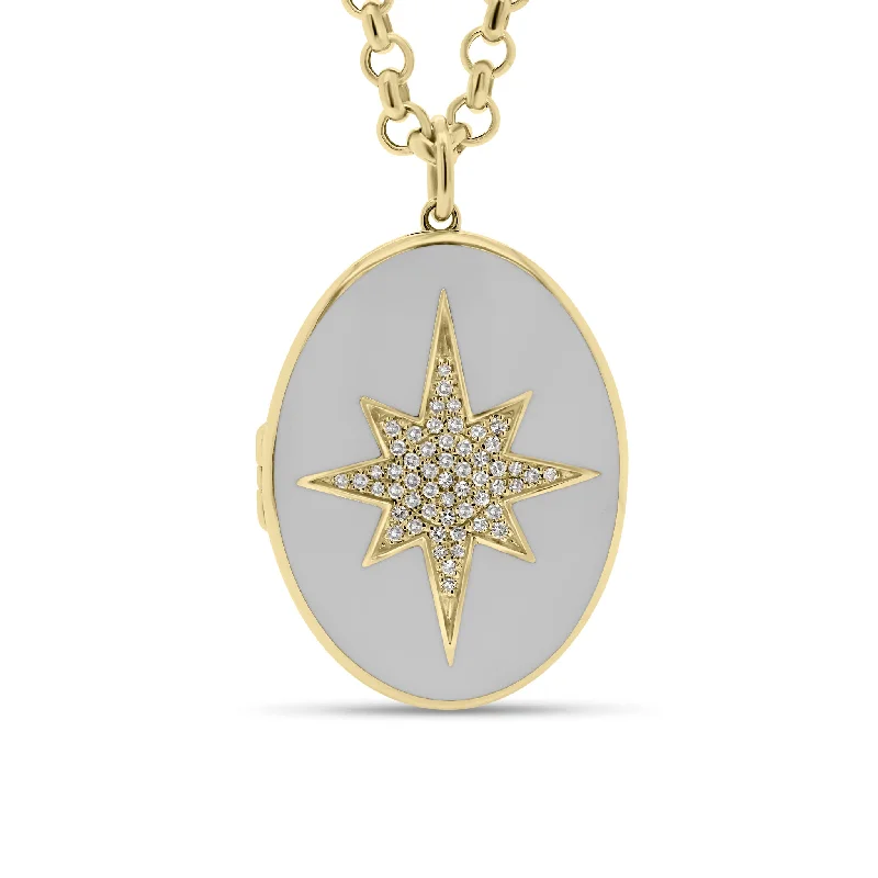 Women’s charm necklaces-Diamond & Enamel Star Oval Locket Necklace