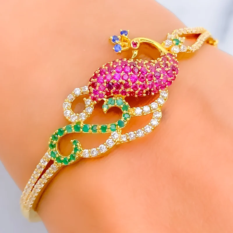 Women’s multi-colored bangles-Palatial Wavy Peacock 22k Gold CZ Bangle Bracelet