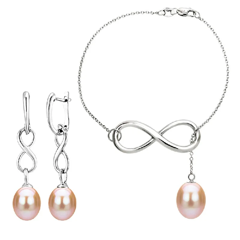 Women’s tennis charm bracelets-DaVonna Sterling Silver 8-9mm Pink Freshwater Pearl Infinity Bracelet and Earrings