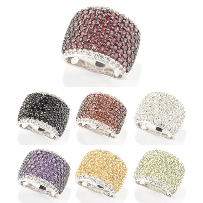 Women’s designer rings-Sterling Silver Round Gemstone and White Topaz Wide Band Ring