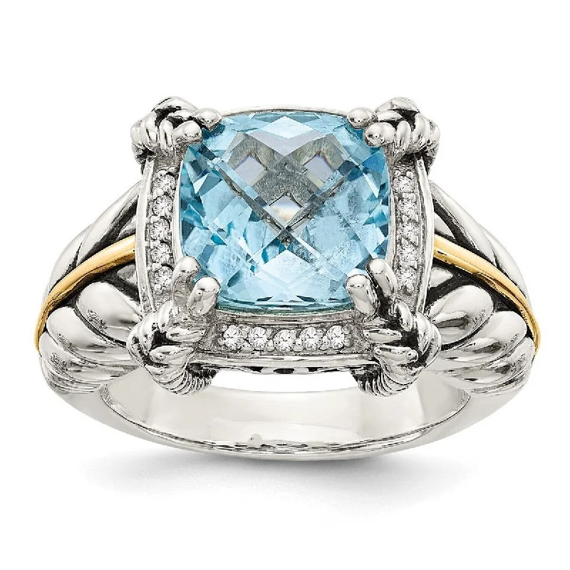 Curata 925 Sterling Silver Polished Prong set 14k Yellow 10mm Cush Sky Blue Topaz Diamond Ring