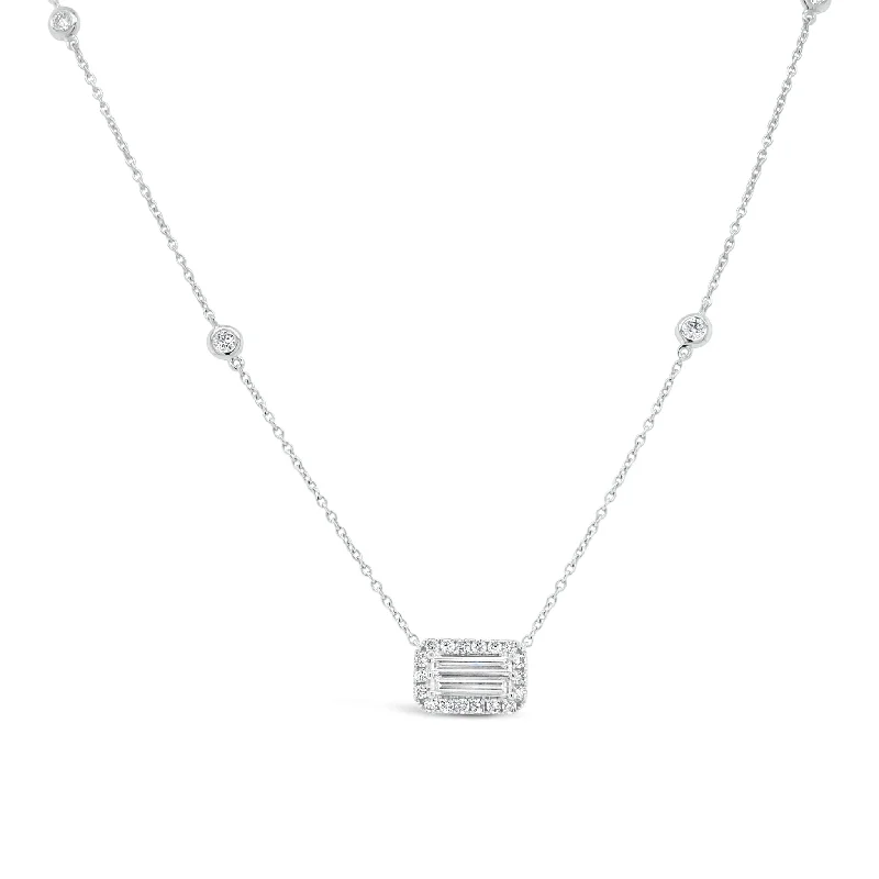 Women’s anniversary diamond necklaces-Diamond Baguette Pendant Necklace with Halo