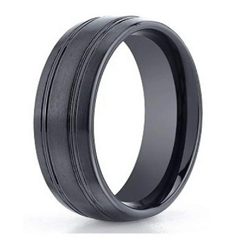 Women’s designer engagement rings-Designer Seranite Men's Wedding Ring, Black Ceramic Band, 7mm