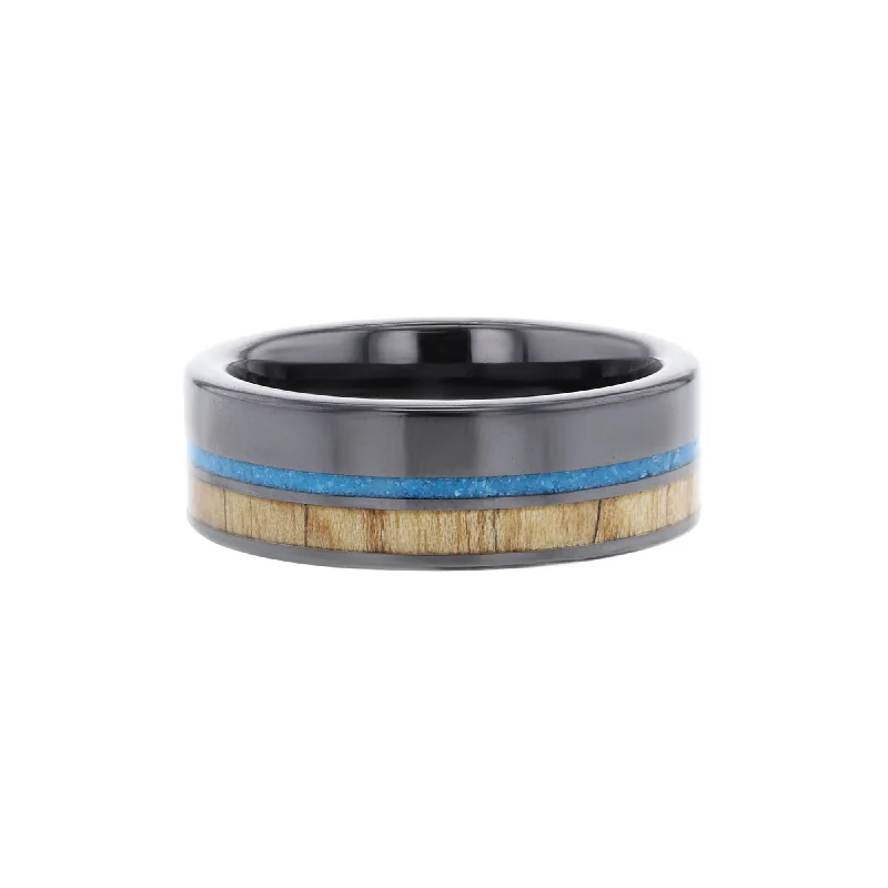 Women’s matching wedding and engagement rings-Schmidt Baseball Wood Inlay Wedding Ring